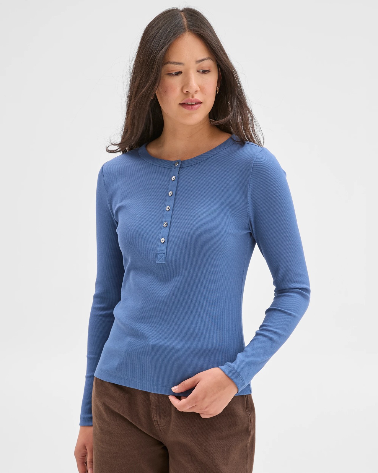 Australian Cotton Long Sleeve Rib Henley T-Shirt - Blue Jay 3 of 5