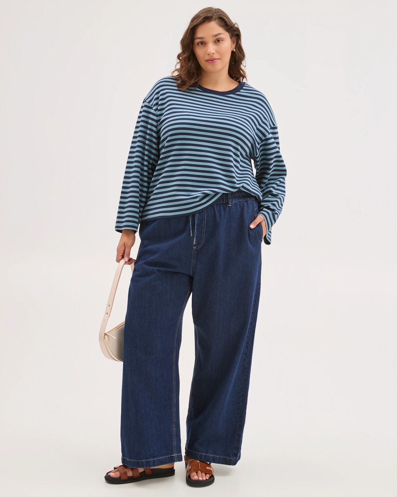 Plus Size Australian Cotton Long Wide Sleeve T-Shirt - Navy Blazer Stripe 3 of 5