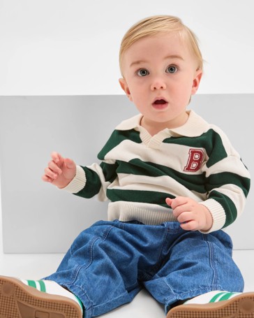 Baby Organic Cotton Knit Polo Top & Denim Pants Set
