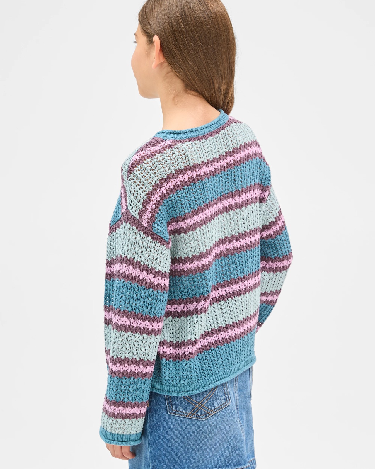 Australian Cotton Crochet Knit Jumper - Stripe Blue 4 of 6