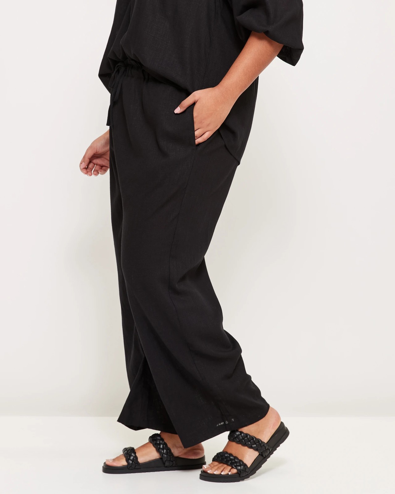 Plus Size Linen Blend Wide Leg Pants - Black