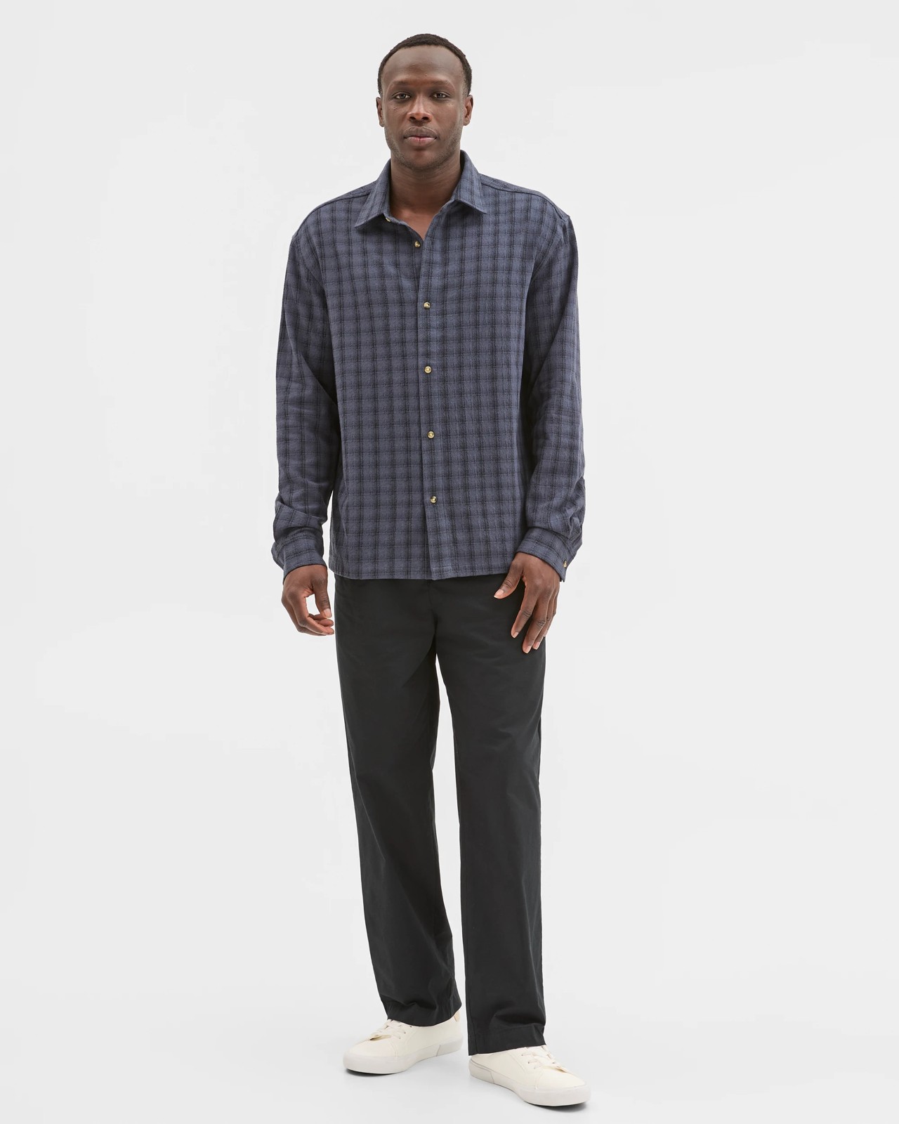 Commons Australian Cotton Boxy Fit Long Sleeve Textured Shirt - Navy Check 5 of 5