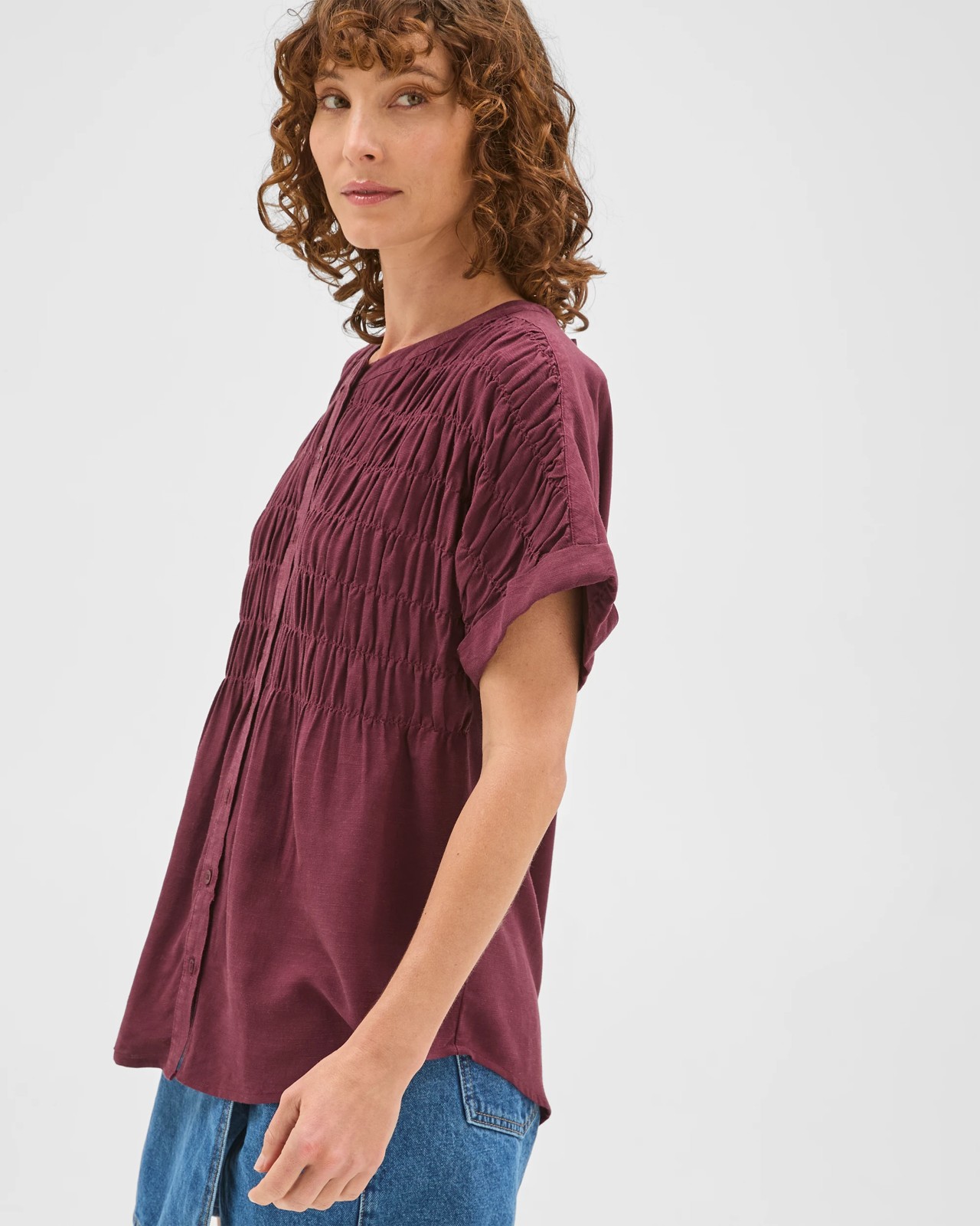 Short Sleeve Shirred Button Through Top 6 of 6