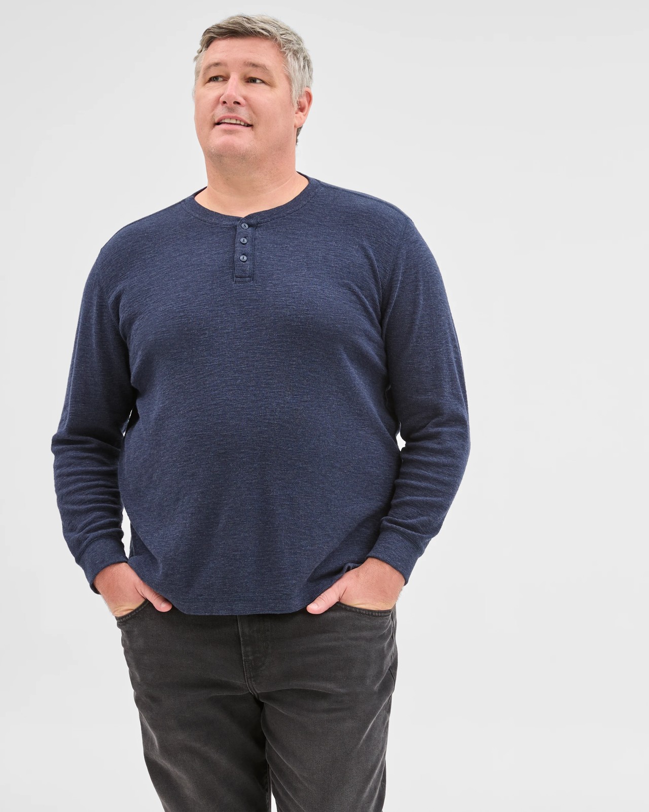 Plus Size Australian Cotton Long Sleeve Waffle Henley T-Shirt - Navy Marle 2 of 6