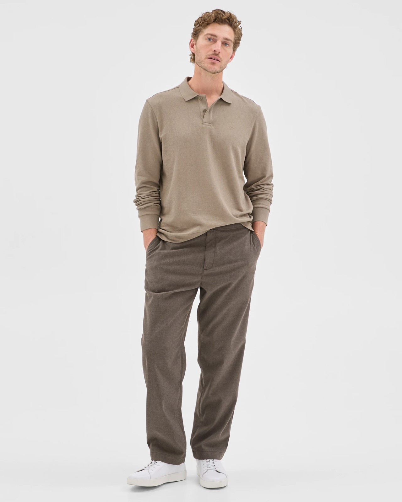 Australian Cotton Blend Boucle Polo Top - Mushroom 3 of 5