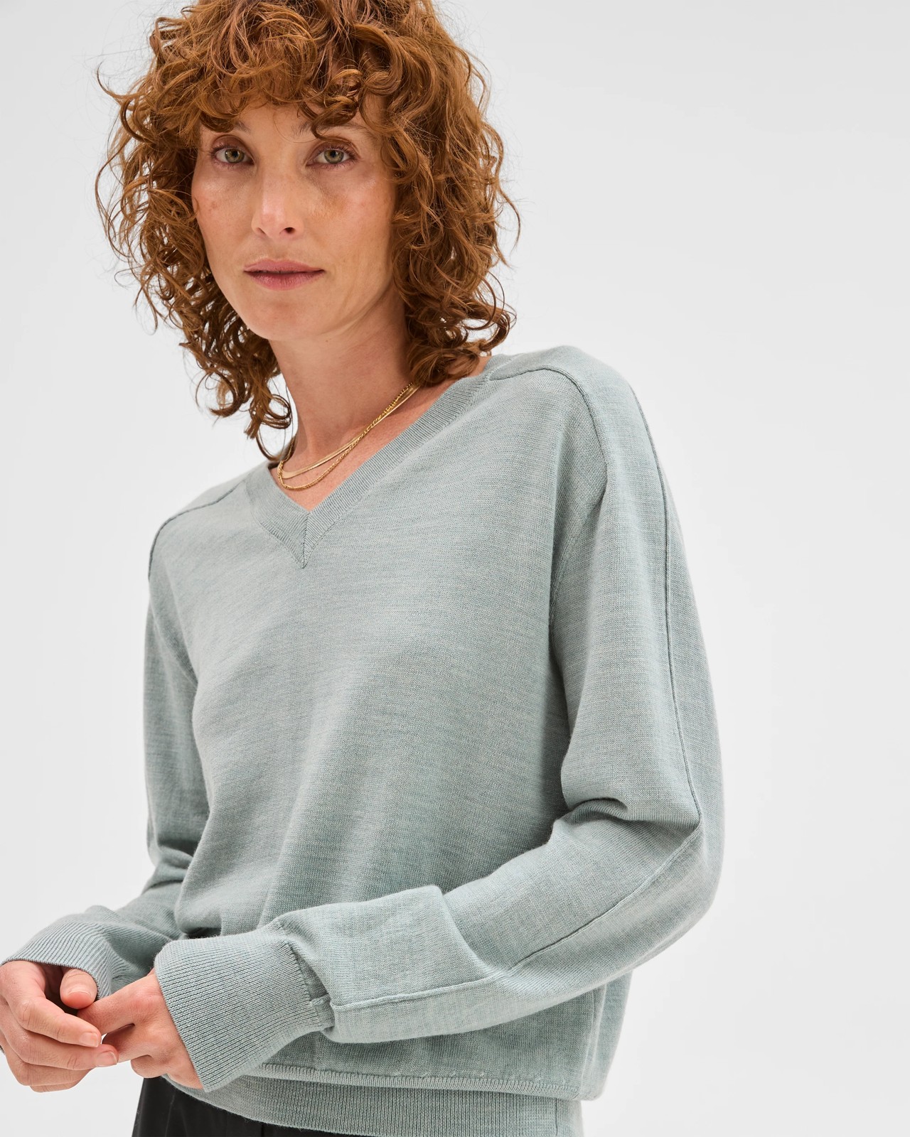 Preview Australian Merino Wool Long Sleeve V-Neck Knit Top - Green Slate Marle 2 of 6