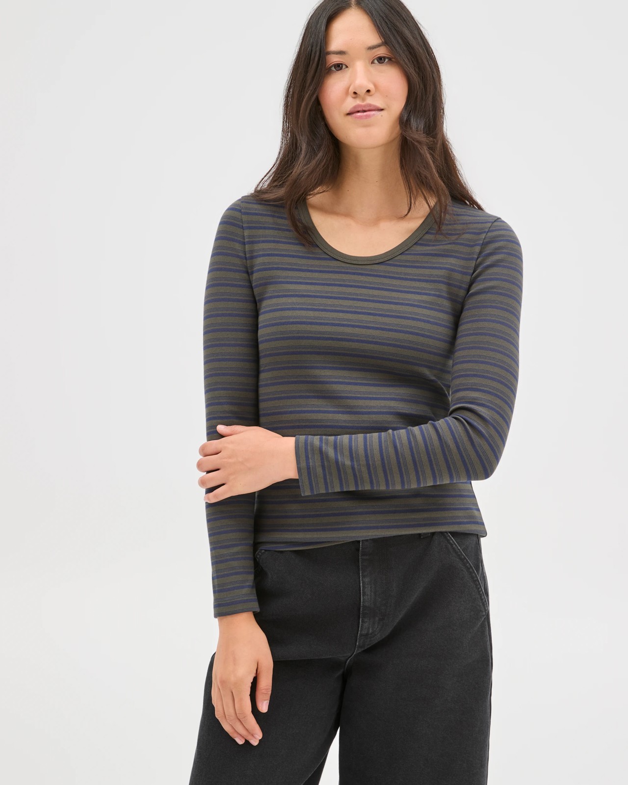 Australian Cotton Long Sleeve Scoop Neck Rib T-Shirt - Oregano/Navy Blazer Stripe 3 of 5