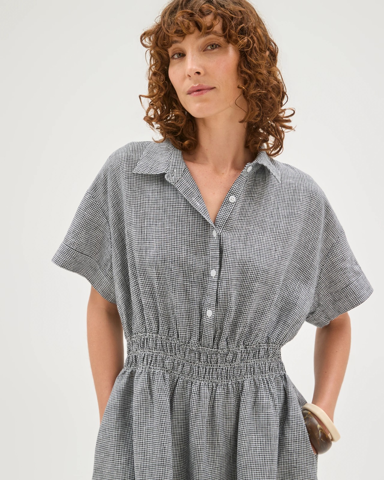 European Linen Shirred Waist Midi Dress - Gingham 5 of 5