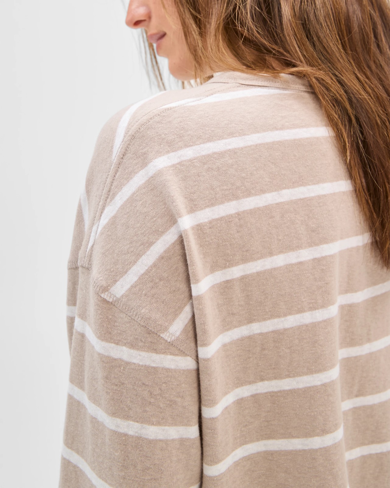 Australian Cotton Long Sleeve Relaxed Slub T-Shirt - Soft Taupe/Pearl Stripe 5 of 6