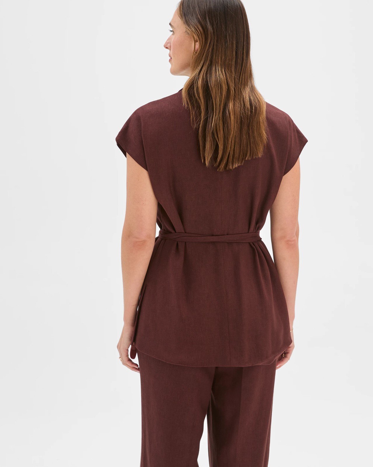 Preview Linen Blend Tailored Tie Waist Vest - Dark Chocolate 6 of 6