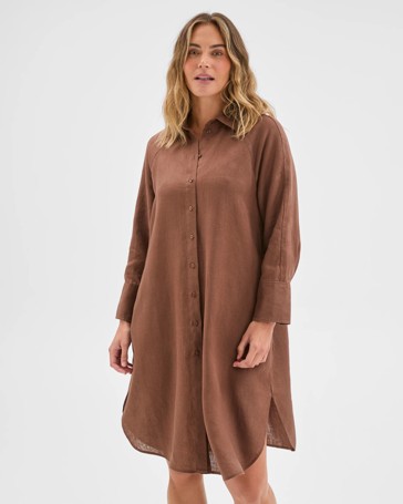 European Linen 3/4 Sleeve Midi Shirt Dress