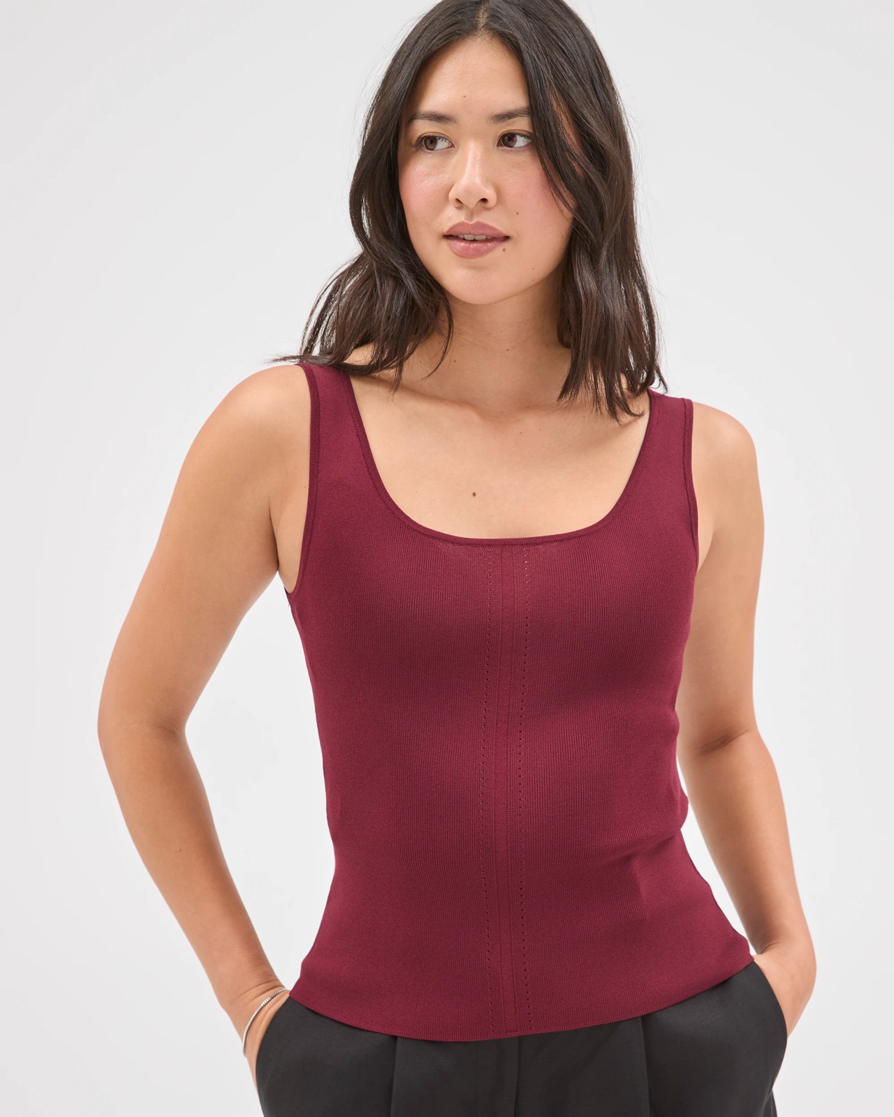 Preview Slim Fit Crepe Knit Detail Tank Top - Chocolate Rose 2 of 5