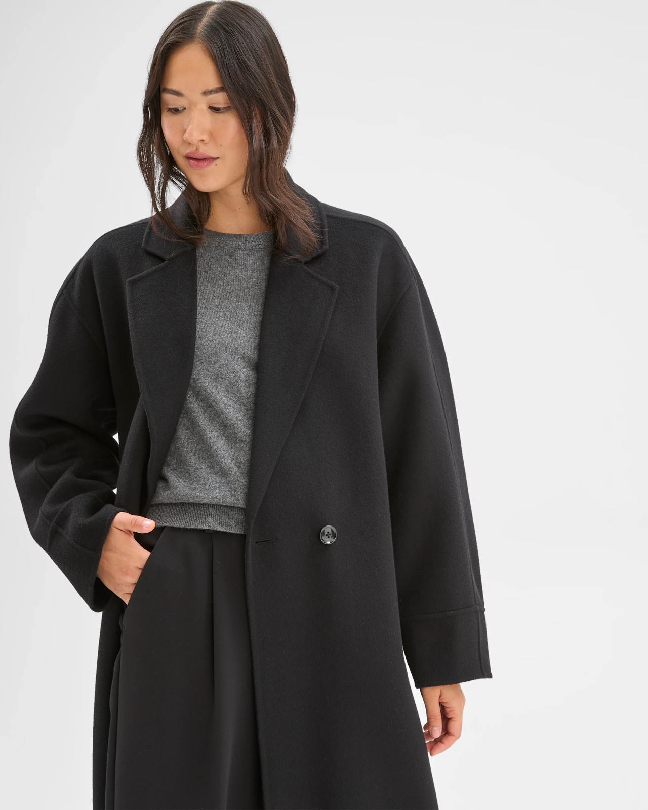 Preview Wool Blend Double Breasted Cocoon Coat - Black 4 of 5