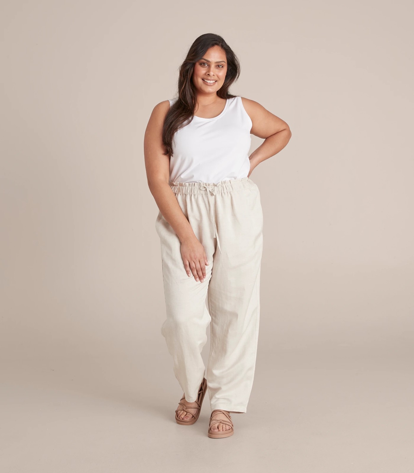 Petites Linen Blend Elastic Waist Pants - Dannii Minogue - Natural