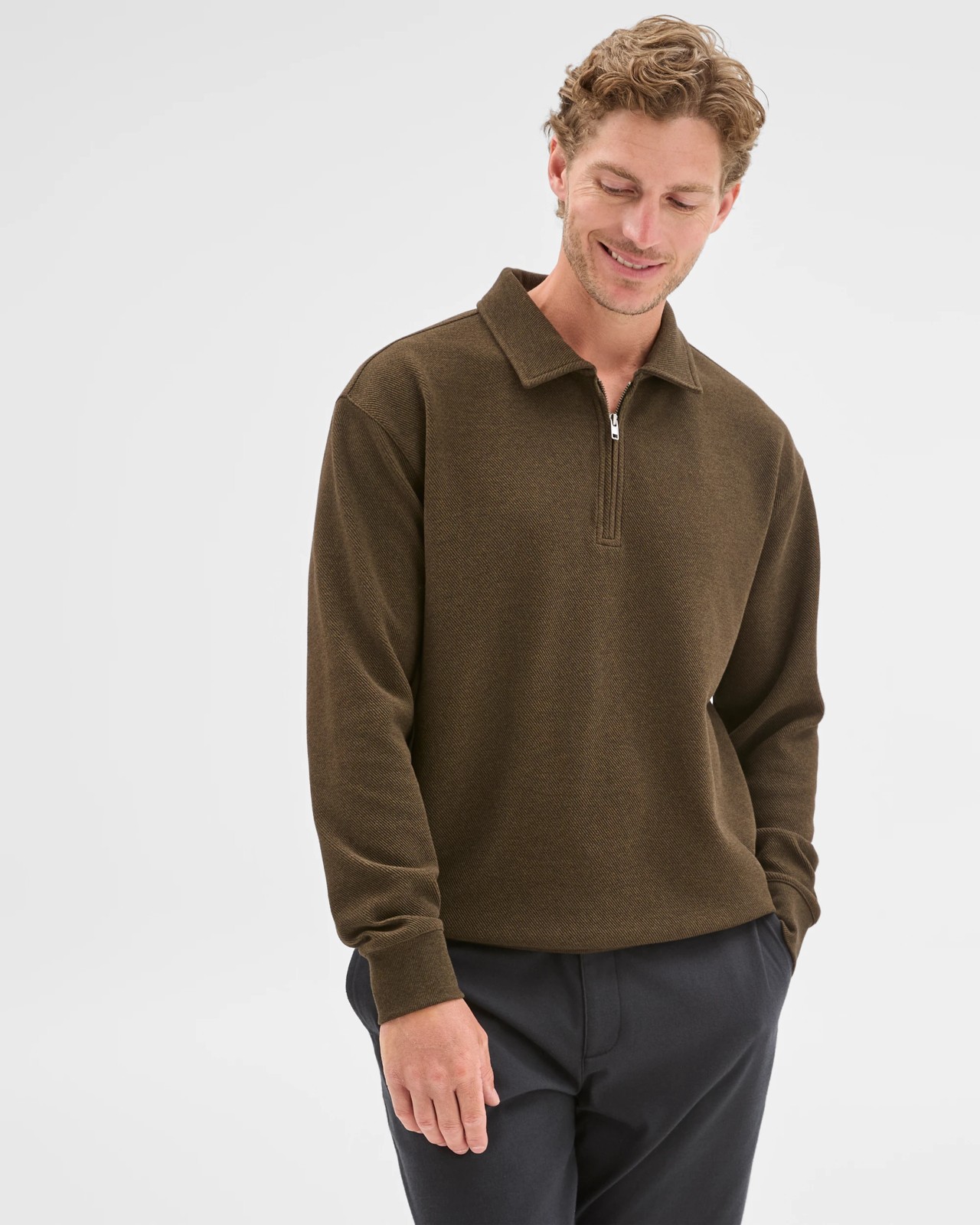 Australian Cotton Blend Fleece 1/4 Zip Collared Top - Dark Olive 3 of 5