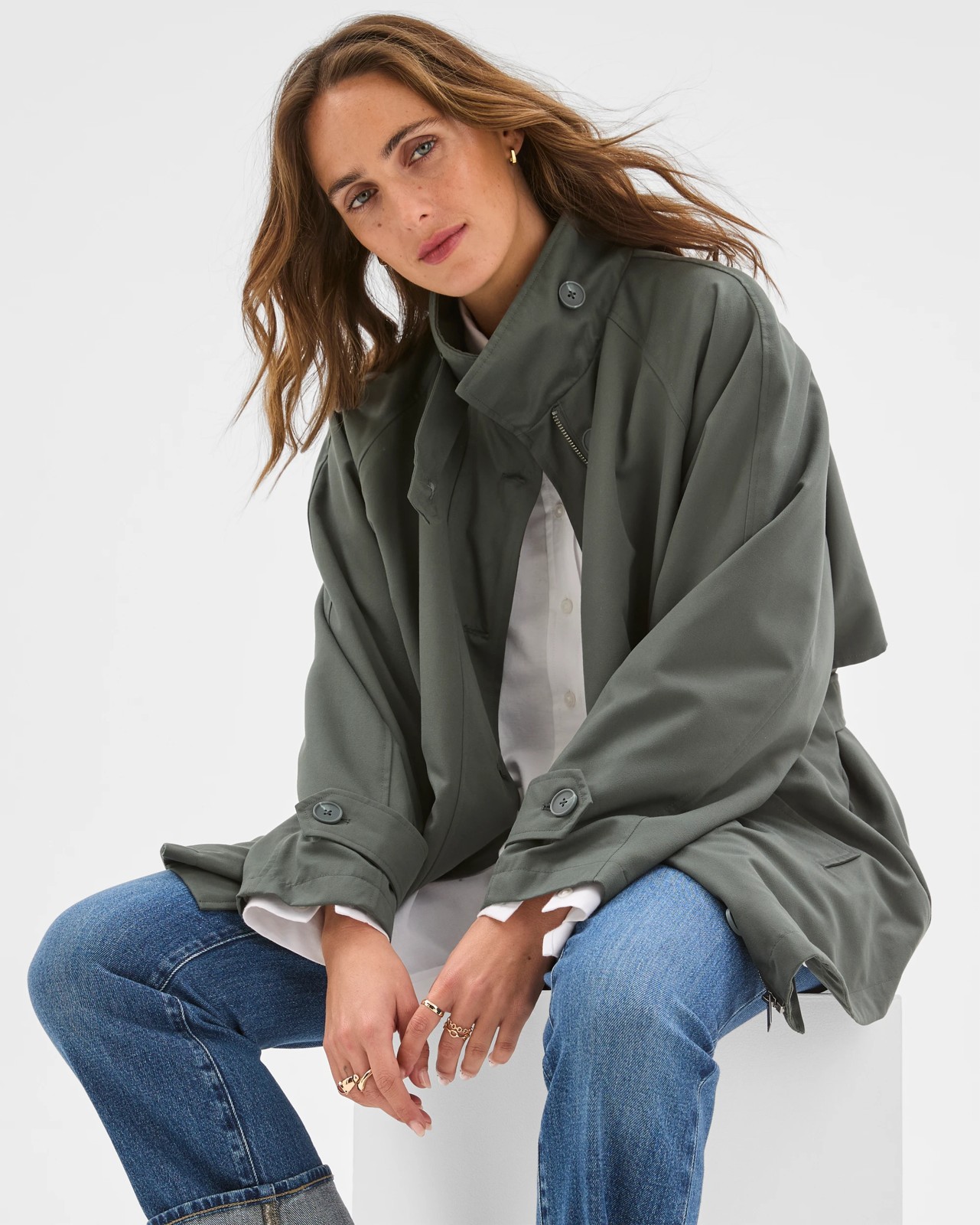 Longline Funnel Neck Coat - Coal Green 5 of 5