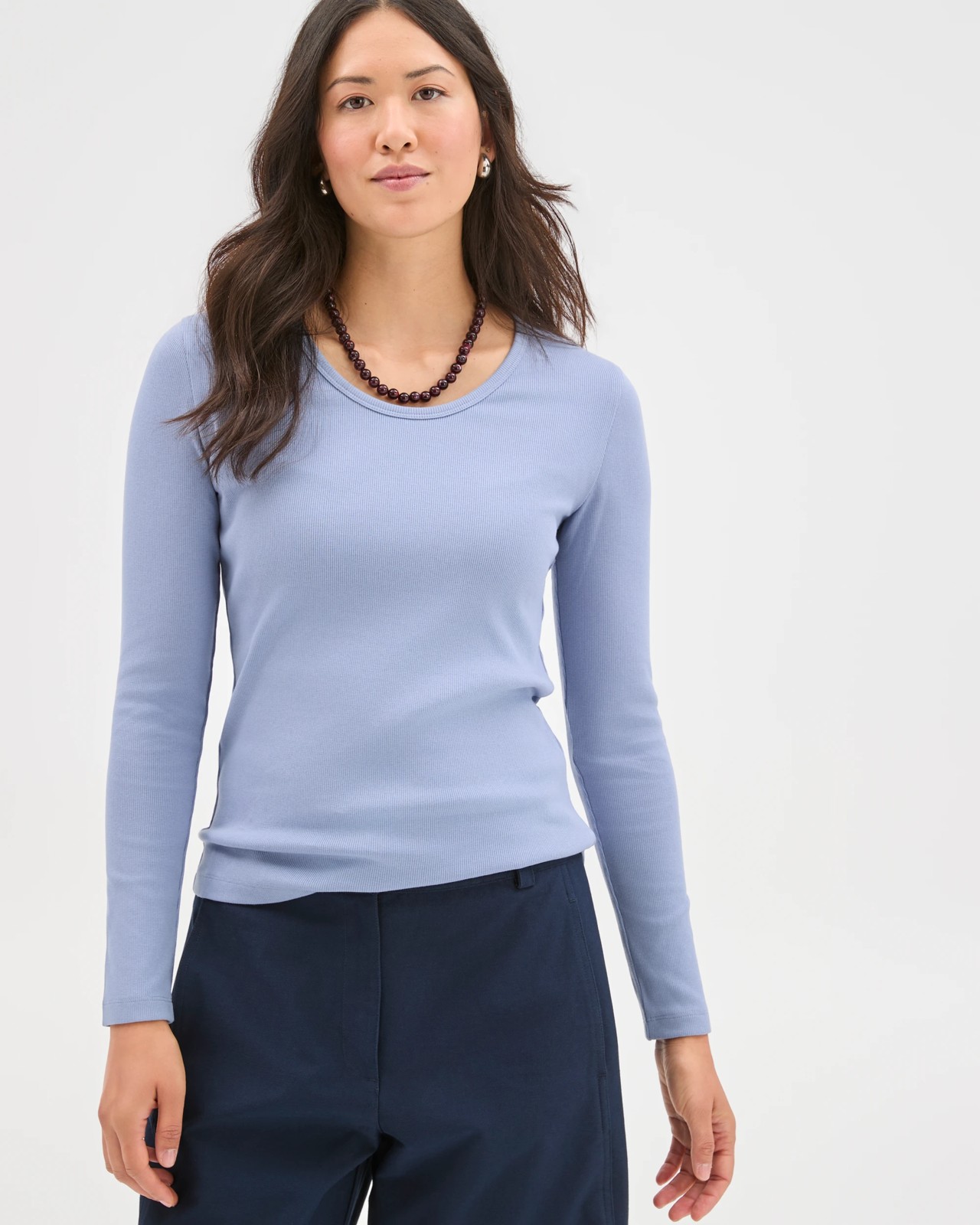 Australian Cotton Long Sleeve Scoop Neck Rib T-Shirt - Bluebell 4 of 5