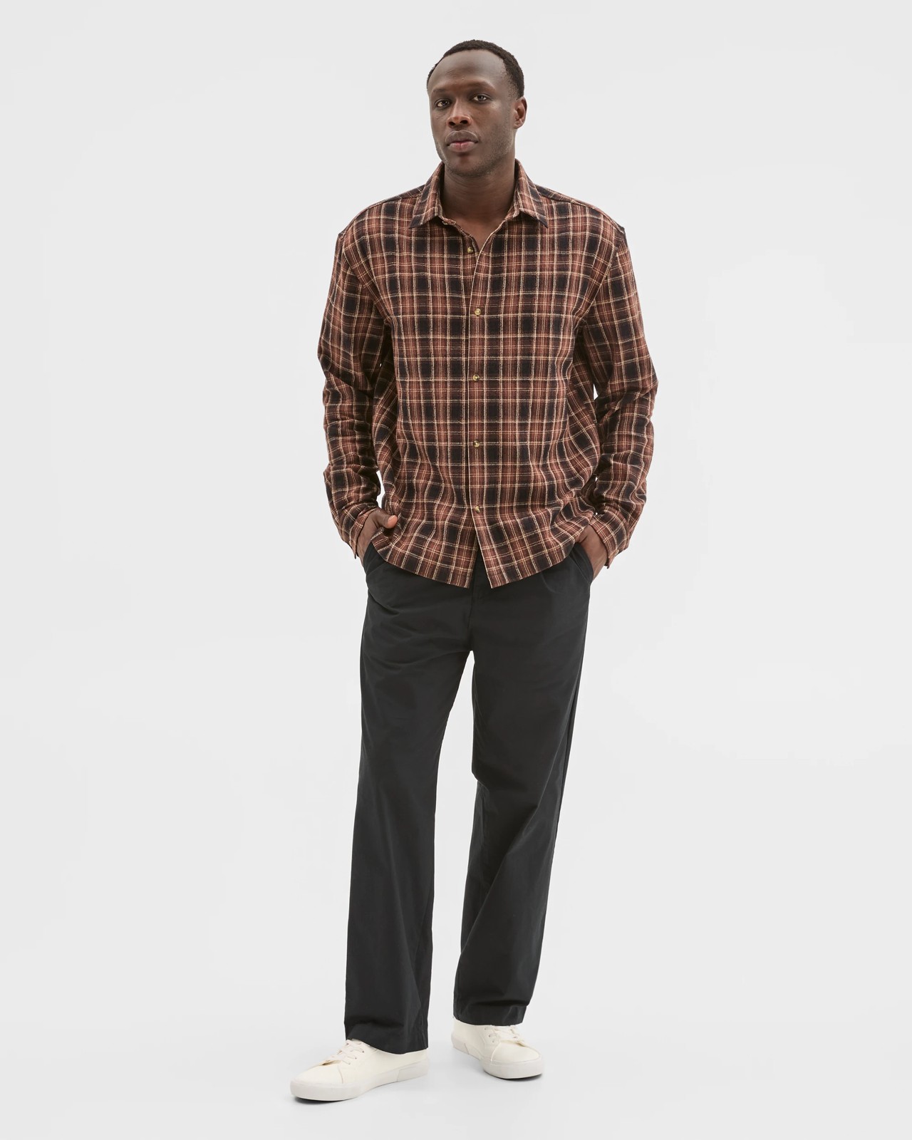 Commons Australian Cotton Boxy Fit Long Sleeve Textured Shirt - Tan Large Check 4 of 5