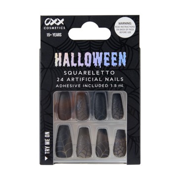 Halloween 24 Pack Artificial Nails with Adhesive  Squareletto Shape  Dark Webs - OXX Cosmetics