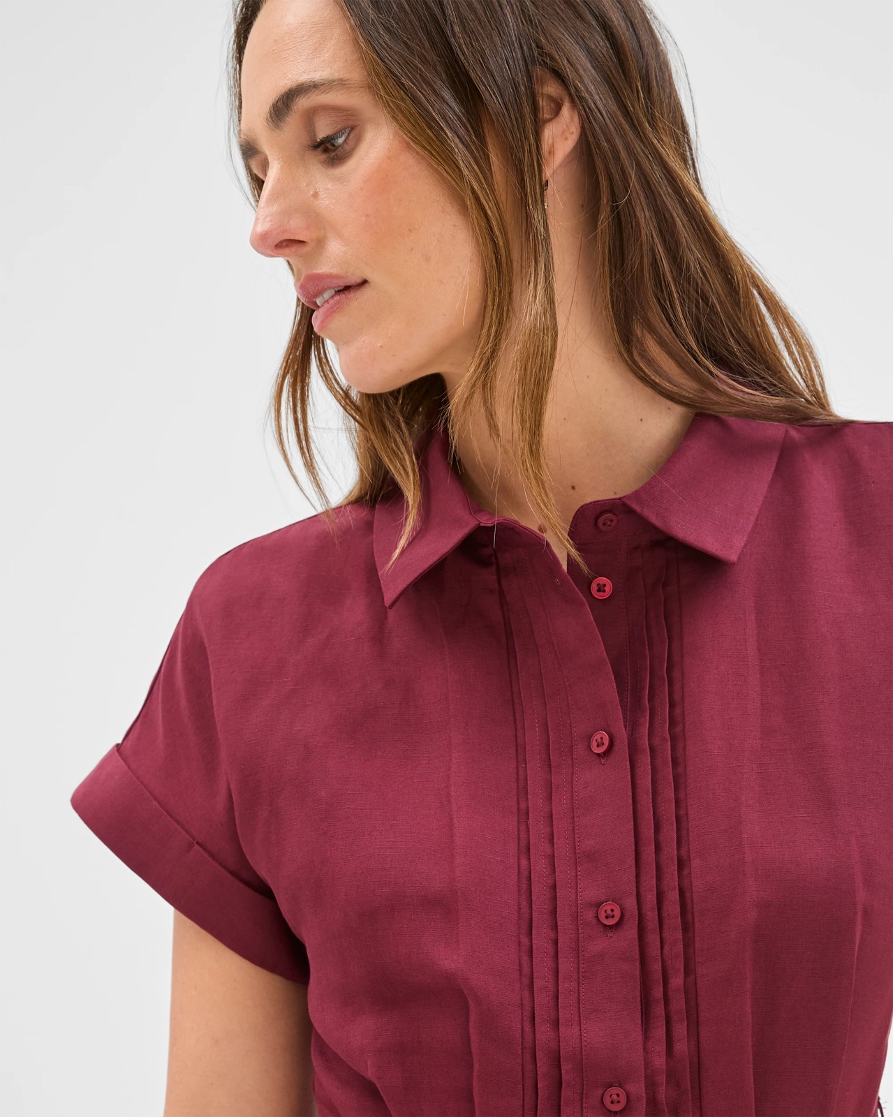 Preview Short Sleeve Pintuck Midi Shirt Dress - Sangria 4 of 5