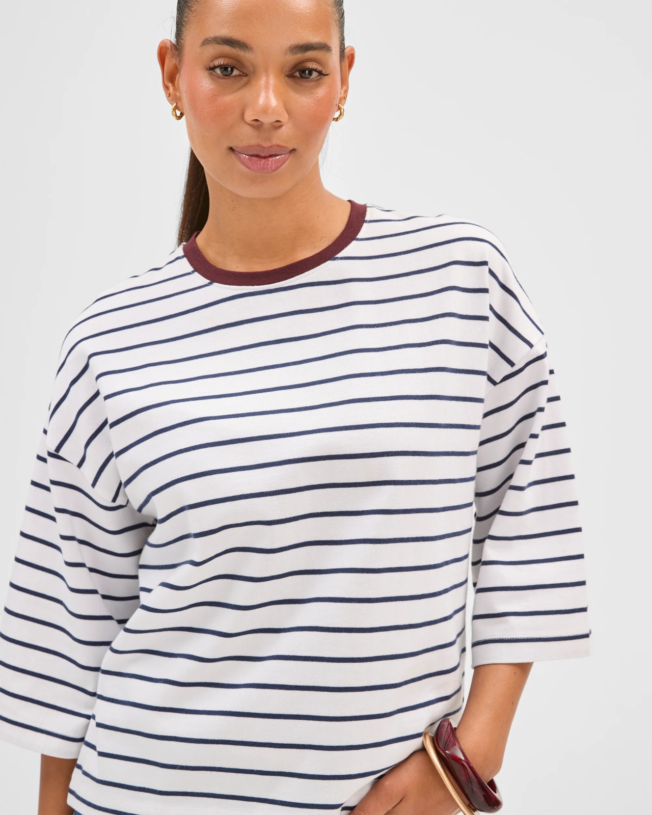 Australian Cotton 3/4 Length Wide Sleeve Boxy T-Shirt - Navy/White/Burgundy 5 of 6