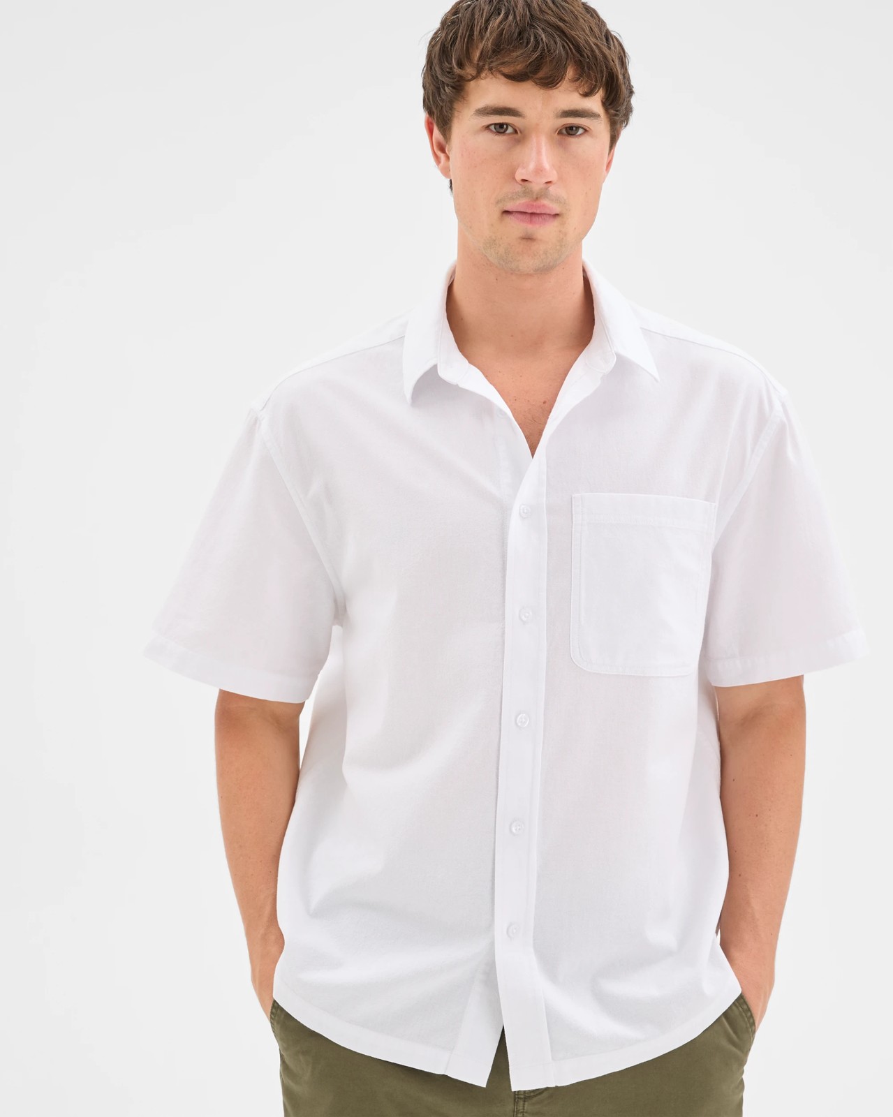 Commons Australian Cotton Plain Textured Boxy Fit Short Sleeve Shirt - Washed White 4 of 6