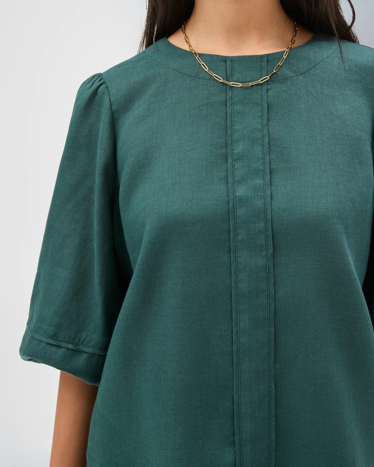 European Linen 3/4 Sleeve Femme Popover Blouse - Deep Forest 5 of 6