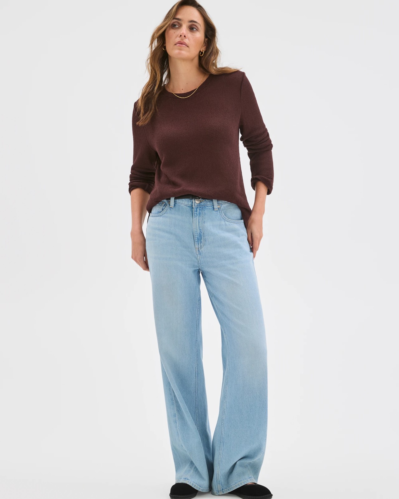 Australian Cotton Blend Long Sleeve Step Hem Textured Knit Top - Chocolate Plum 2 of 5