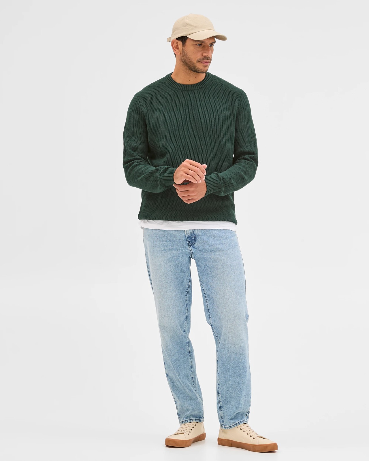 Australian Cotton Midweight Honeycomb Knit Sweater - Dark Green 4 of 6