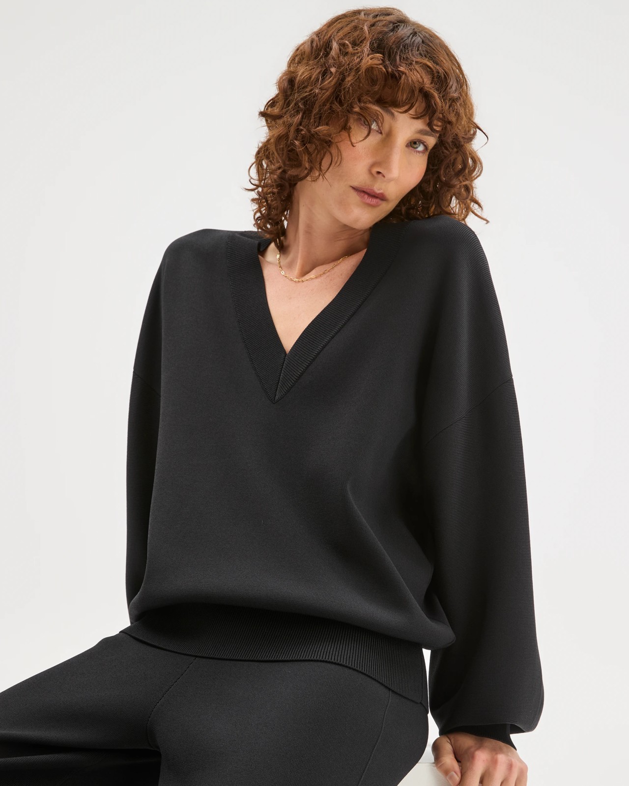 Preview Crepe Knit V-Neck Sweater - Black 4 of 5