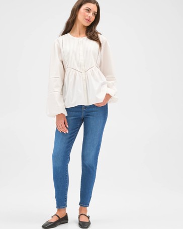 Petites Long Sleeve Trim Detail Pintuck Blouse