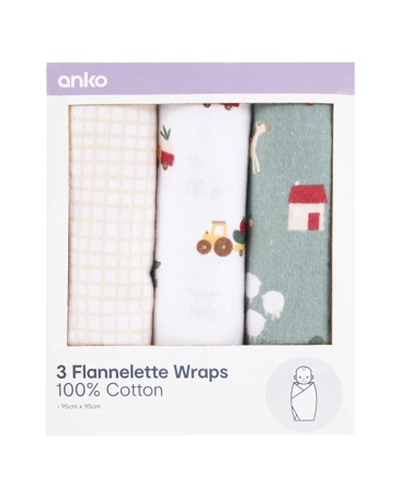 Anko 3 Pack Cotton Flannelette Wraps- Farm