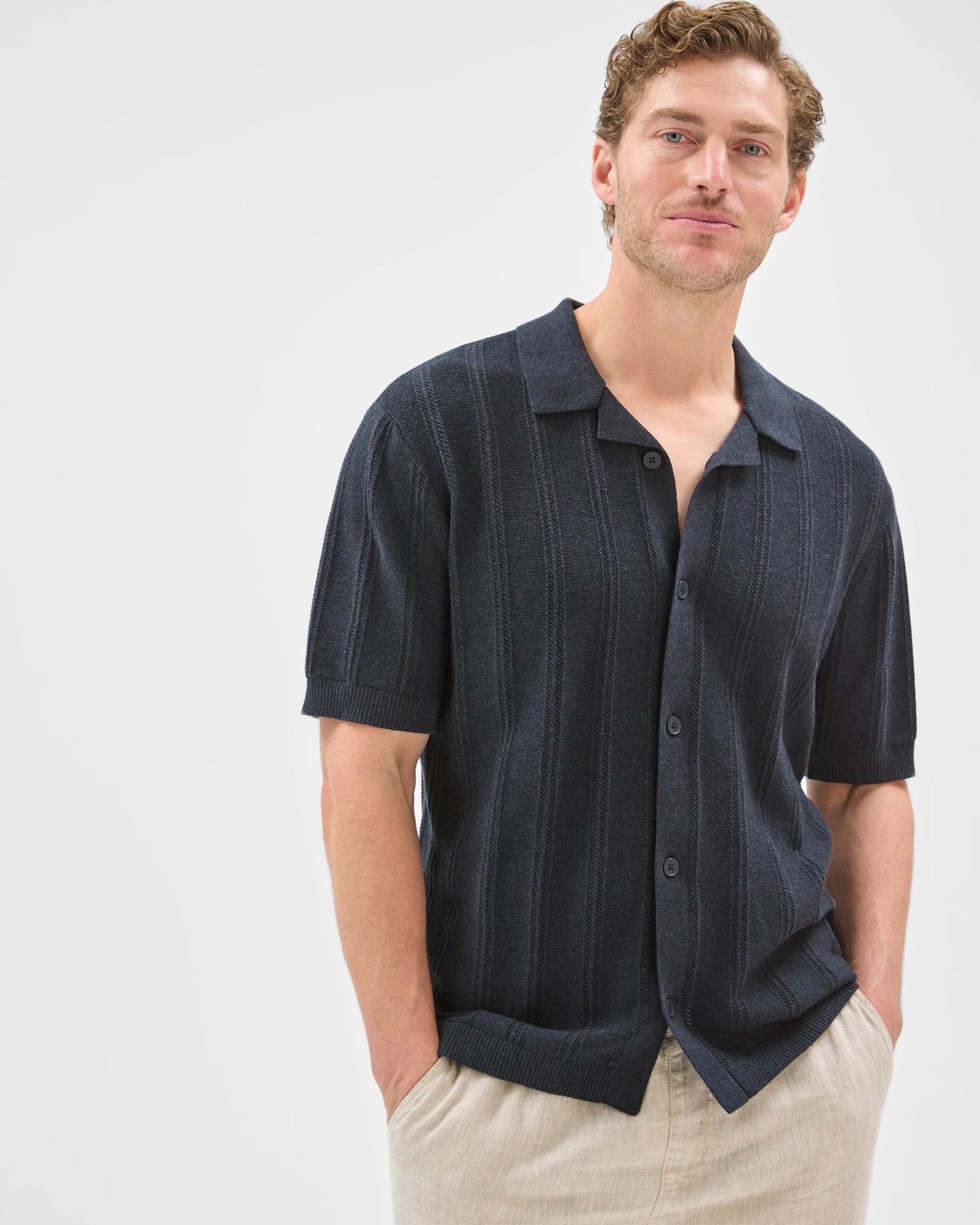Australian Cotton Short Sleeve Textured Stripe Knit Shirt - Navy 3 of 6
