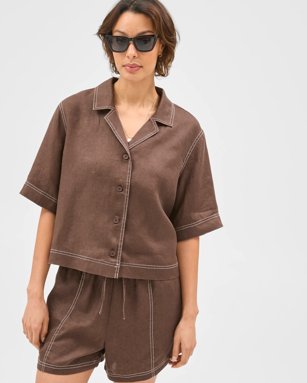 European Linen Short Sleeve Stitch Detail Shirt - Coffee Bean 3 of 5