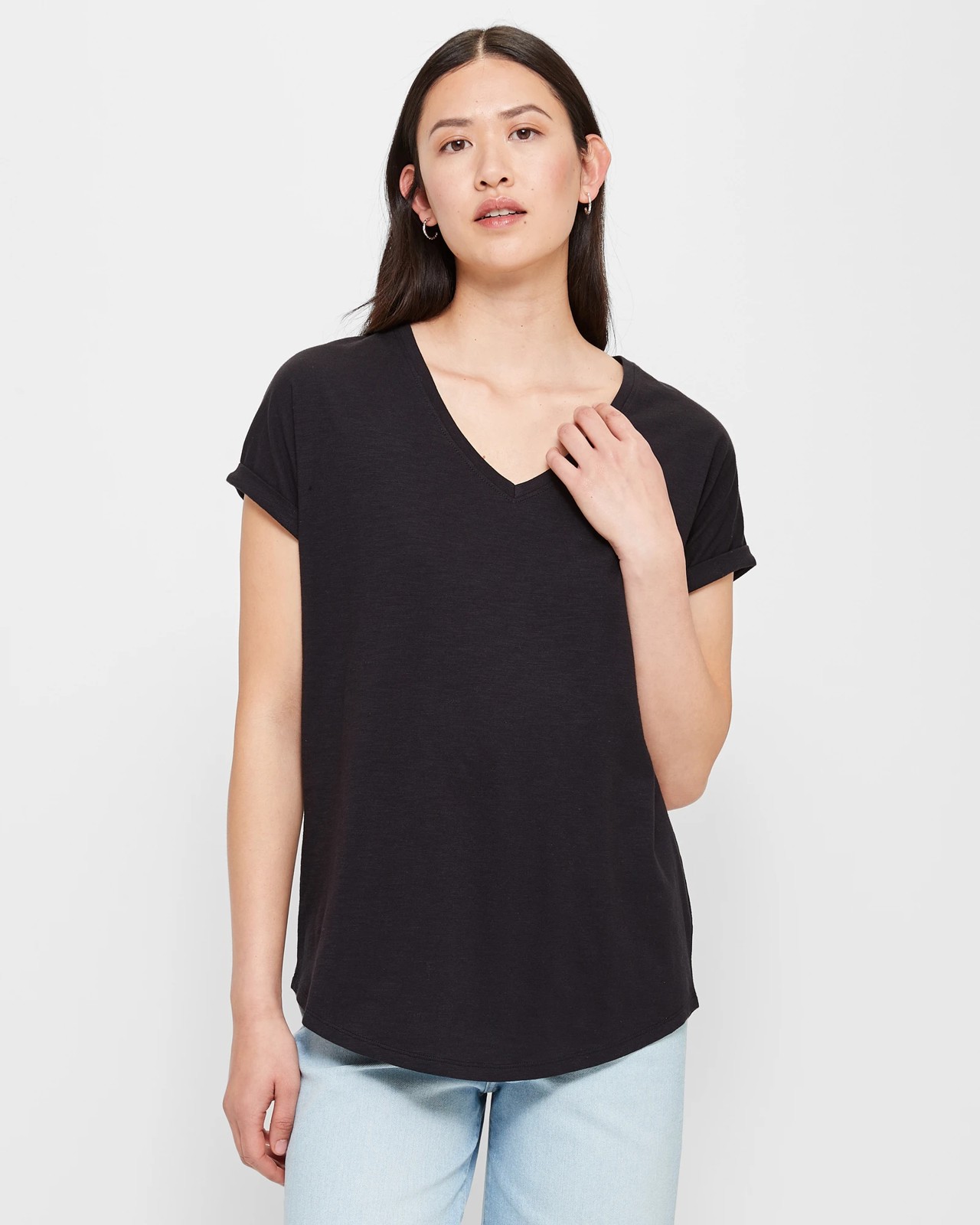 Regular V-Neck Slub T-shirt - Black