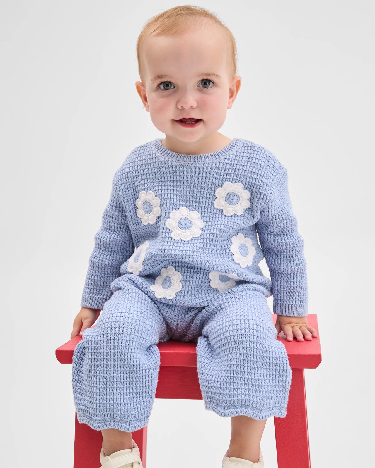 Baby Organic Cotton Knit Top & Pants 2 Piece Set - Flowers Blue 3 of 5