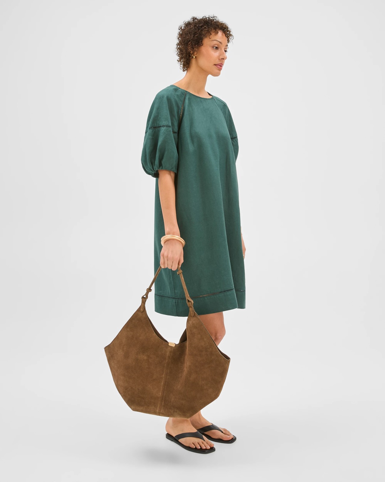 European Linen Trim Detail Mini Dress - Deep Green 2 of 5