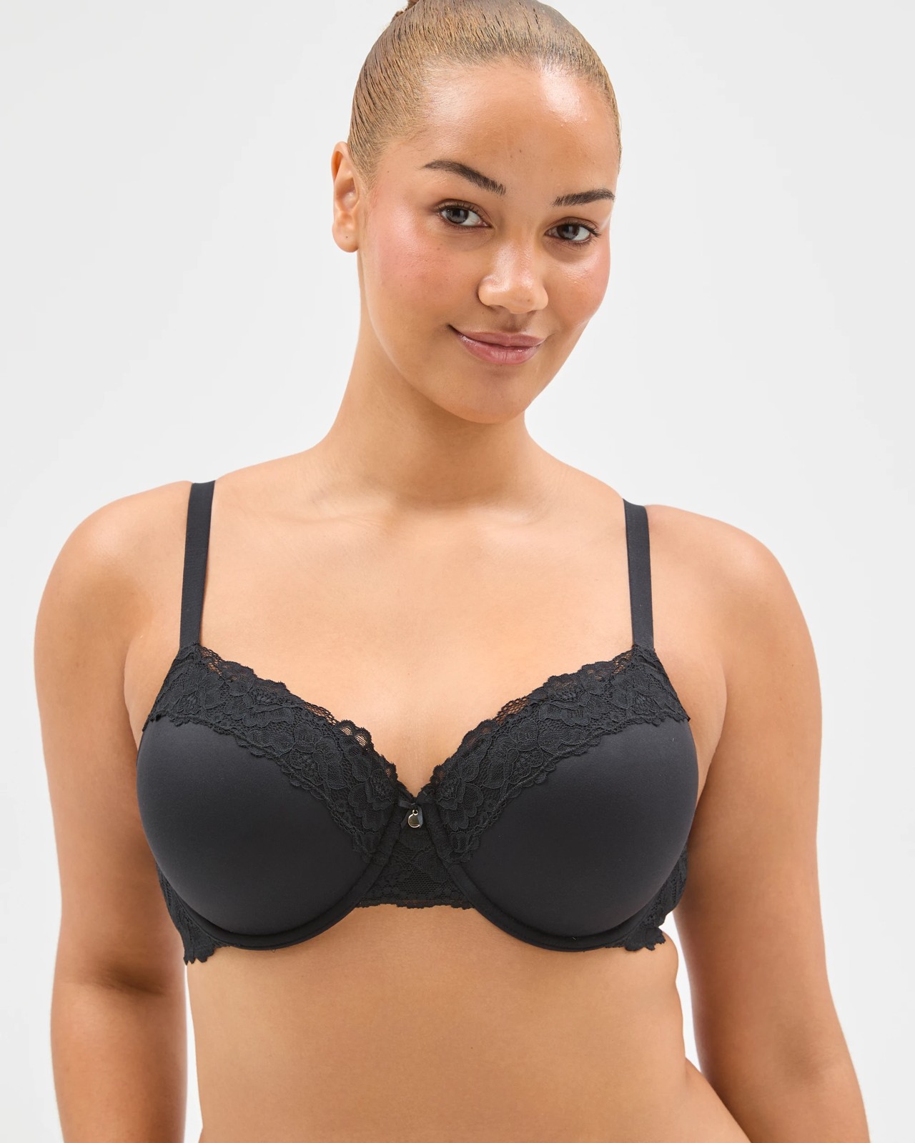 Fuller Figure Lila Lace Trim Overlay Underwire T-Shirt Bra - Black 2 of 3