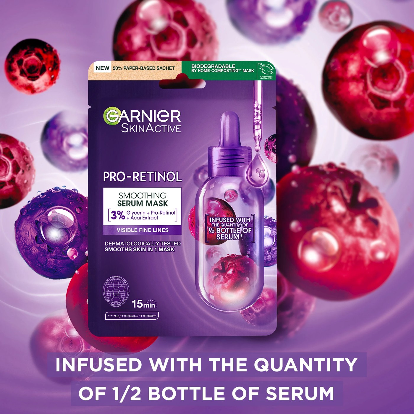 Garnier SkinActive Smoothing Serum Mask 28g - Glycerin, Pro-Retinol and Acai Extract 4 of 6