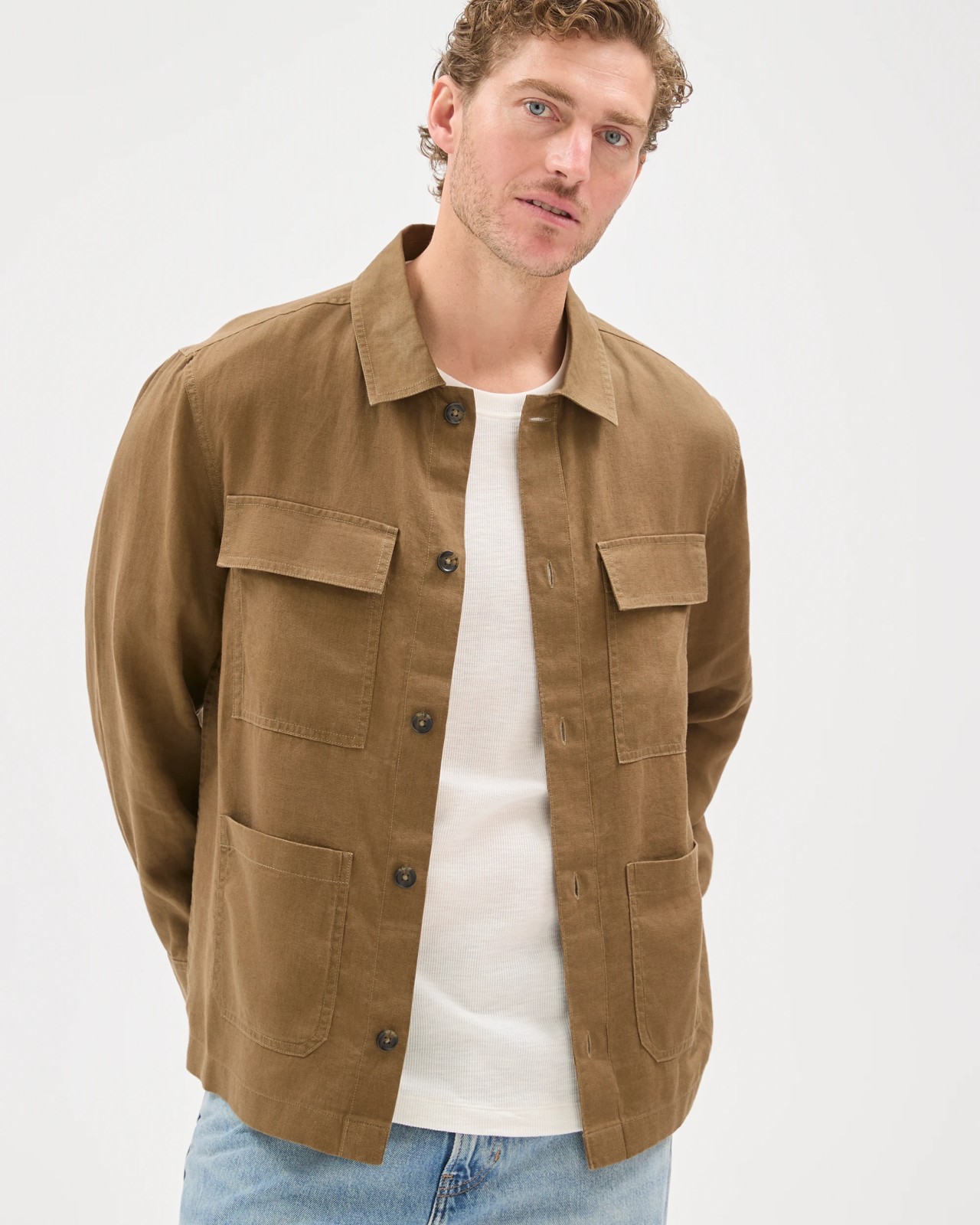 European Linen Long Sleeve Oversized Overshirt - Capers 2 of 5