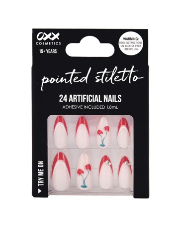 OXX Cosmetics 24 Pack Artificial Nails with Adhesive, Pointed Stiletto Shape - Cherry