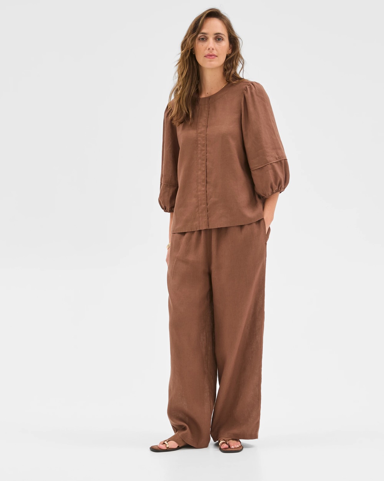 European Linen Femme Popover Blouse - Warm Brown 2 of 6