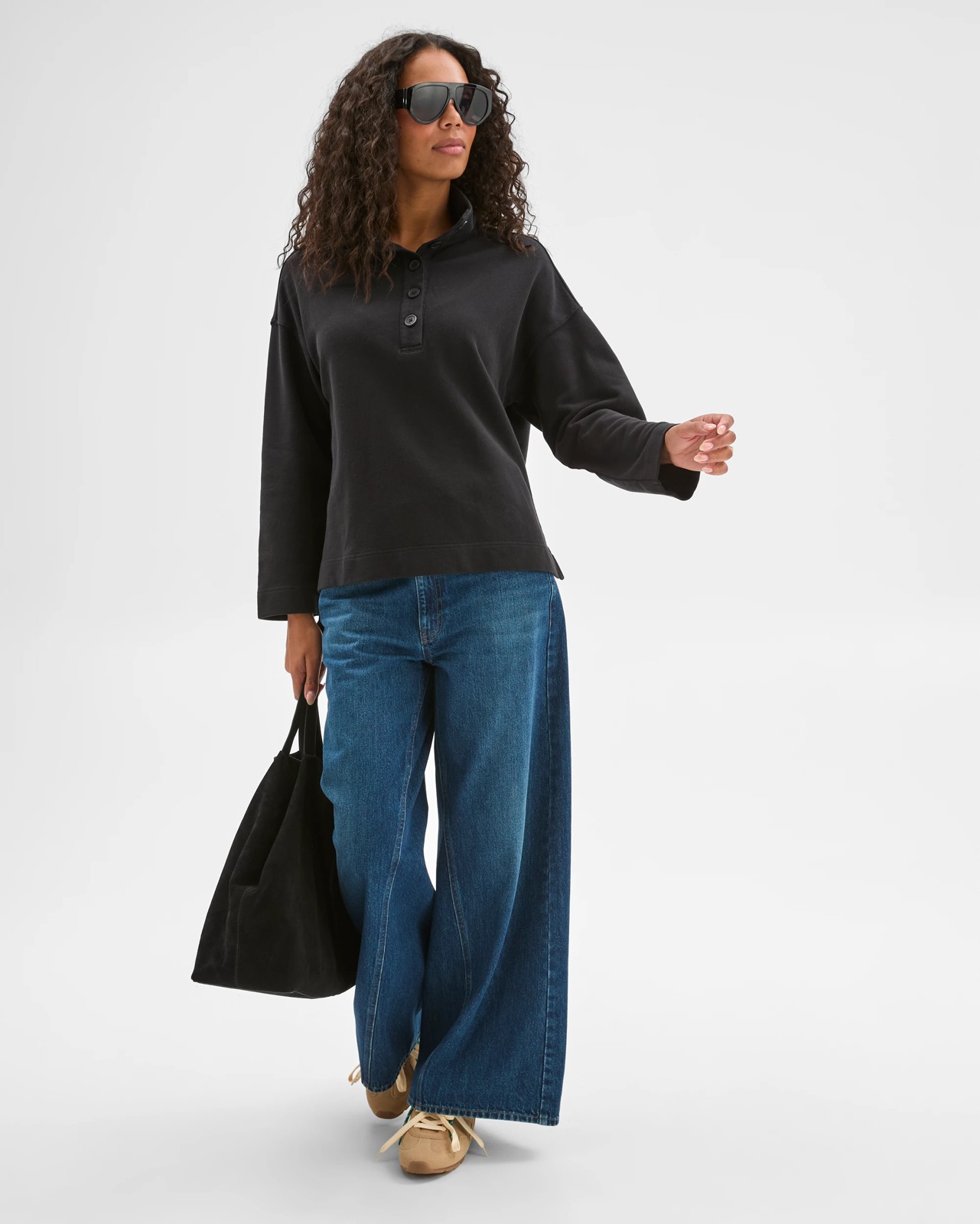 Australian Cotton Funnel Neck Button Front Jumper - Washed Black 2 of 6