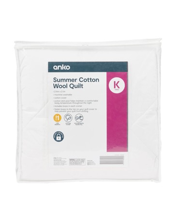 Anko Low Warmth Summer Cotton Wool Quilt, King Bed - White