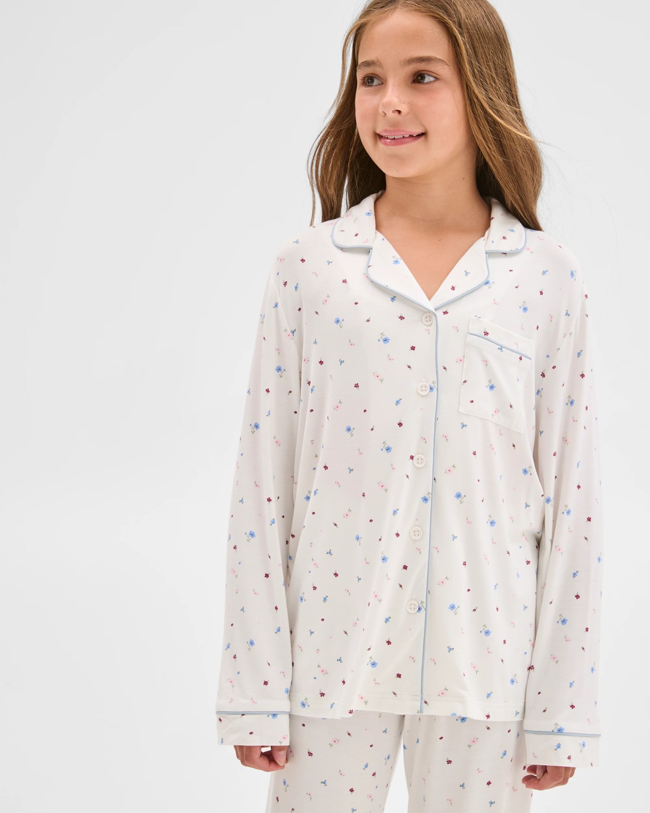 Bamboo Older Girls Button Through Pyjama Set - White Floral 5 of 6
