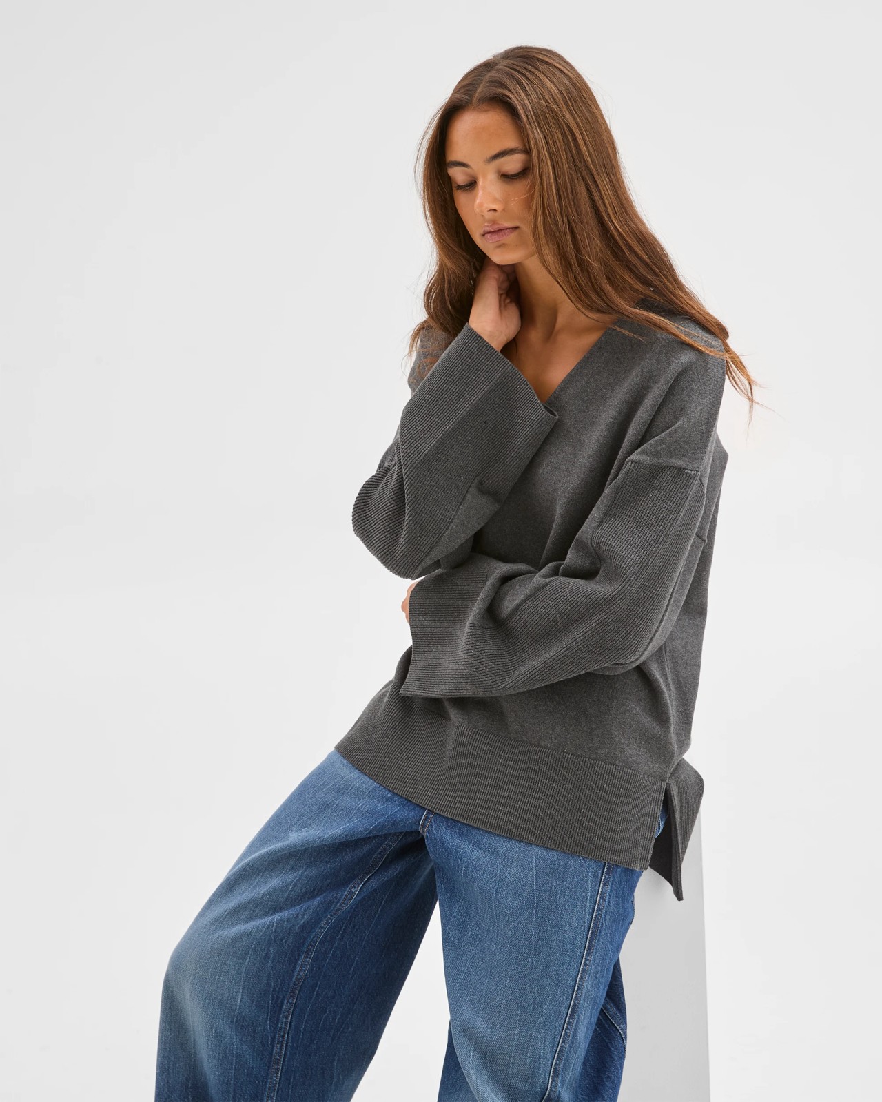 Lily Loves Australian Cotton Blend Longline Knit Top  - Shadow Marle 3 of 6