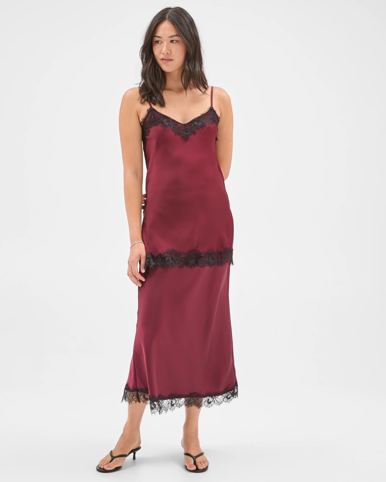 Preview Lace Trim Satin Midi Skirt 2 of 5