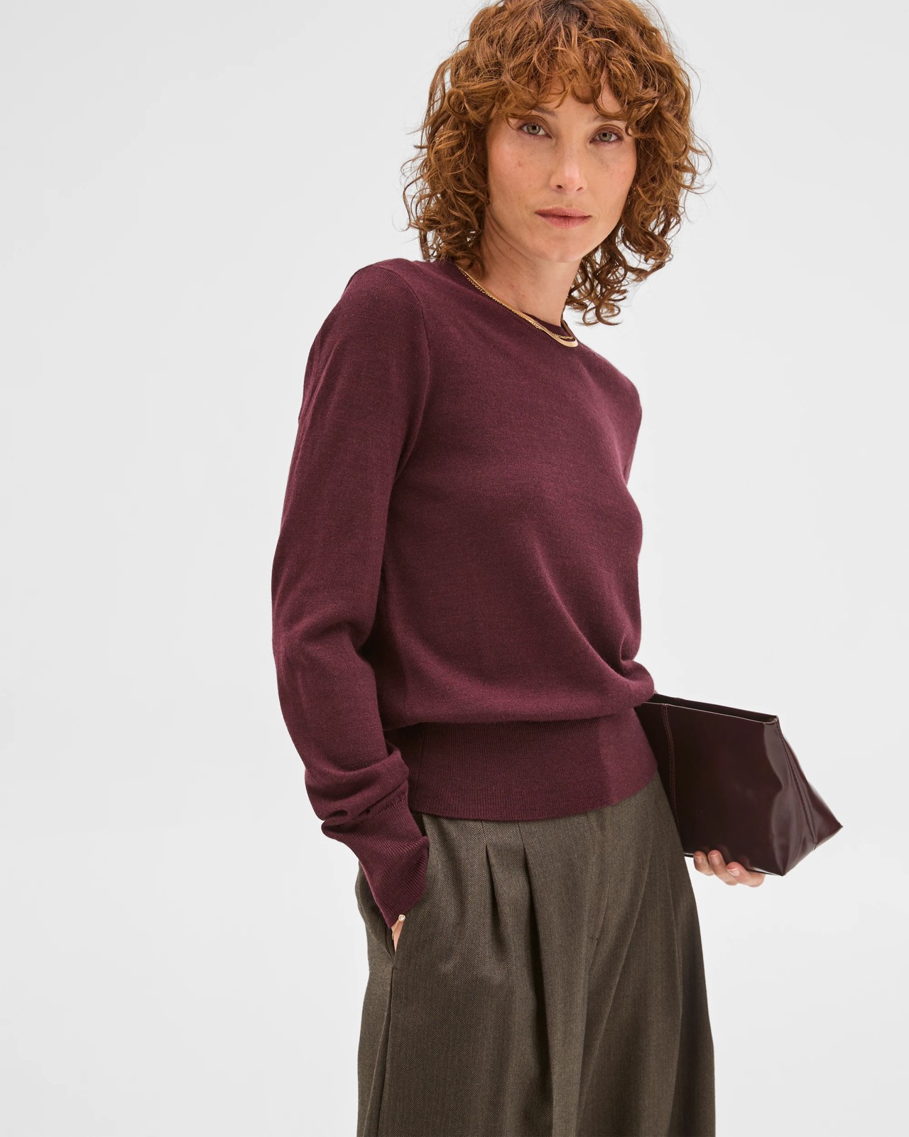 Preview Merino Crew Neck Stitch Detail Knit Sweater - Pinot 5 of 6