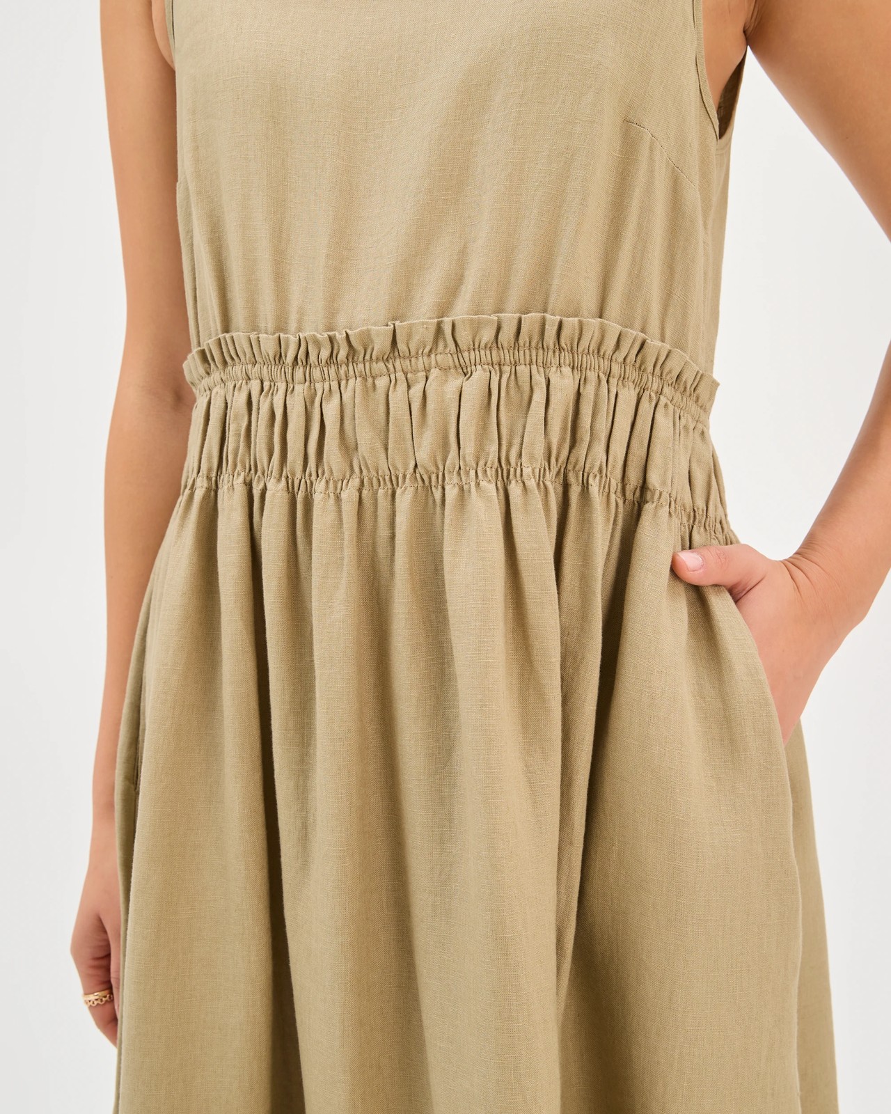 European Linen Sleeveless Waisted Midi Dress - Crushed Leaf 3 of 6