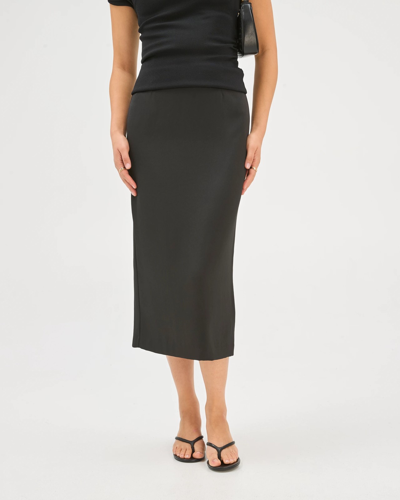 Preview Fiona Tailored Column Midi Satin Skirt - Black 3 of 5